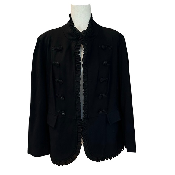 Chicos Military Ponte BlazerJacket Ruffle Trim Buttons Black  XL (Chicos 3) - Picture 1 of 14